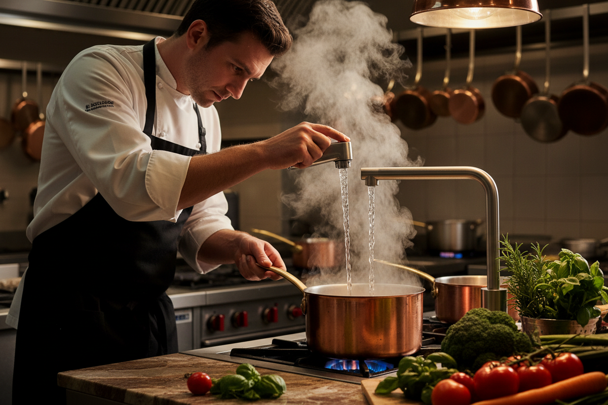 Chef de alta cocina cocinando con agua de ósmosis inversa pura