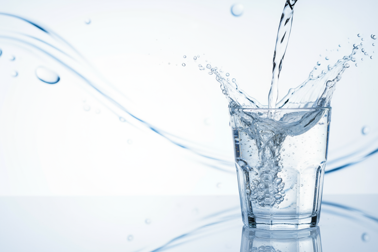 Fondo blanco luminoso con un toque azul suave. En primer plano, un vaso de cristal transparente sobre una superficie blanca brillante, mientras el agua cristalina cae dentro formando salpicaduras y burbujas, como en una toma a cámara lenta. El fondo muestra gotas o movimiento de agua difuminado, con iluminación natural y sensación de pureza y frescura. Estilo fotorrealista, alta calidad, formato horizontal panorámico tipo banner, con espacio libre a un lado para texto.