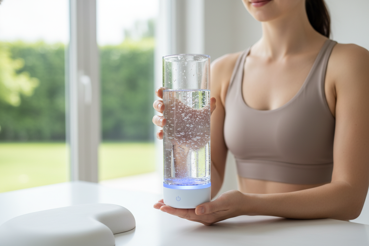 Mujer sosteniendo una botella de agua hidrogenada con luz azul en la base, diseño moderno, minimalista y sin logotipos ni marcas visibles, fondo claro y natural, ambiente saludable y tecnológico, estilo lifestyle premium, enfoque en el dispositivo purificador y el agua brillante.