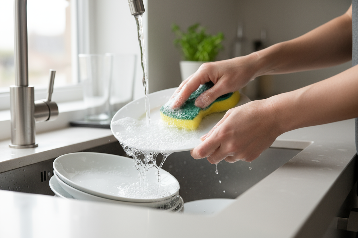 Primer plano de unas manos limpiando platos con un estropajo en un fregadero moderno y luminoso. Se ve el agua corriendo y espuma de jabón sobre los platos. Ambiente limpio, realista y cotidiano, con luz natural suave. Estilo fotorrealista, alta calidad, enfoque en las manos y la acción de lavar.