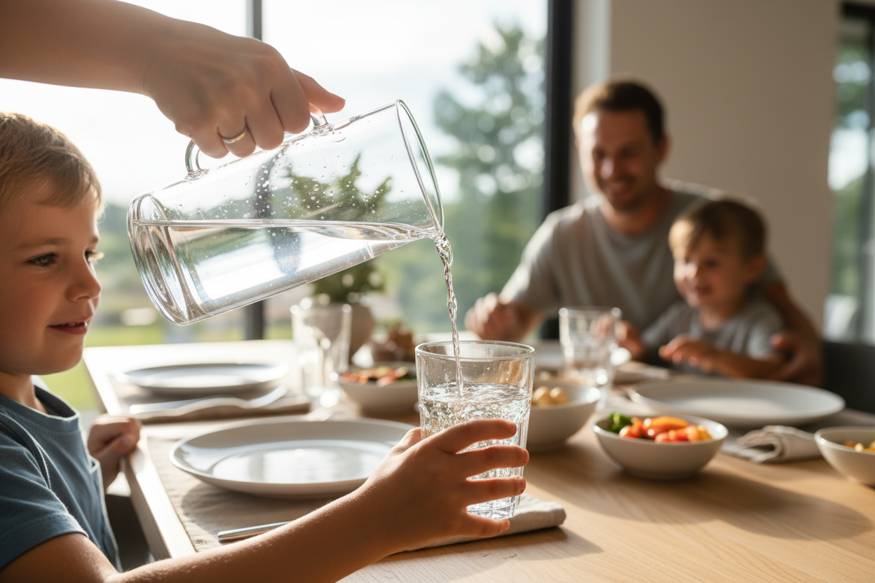 Una familia comiendo junta en una mesa de comedor moderna y luminosa. La madre sostiene una jarra de agua transparente y está sirviendo un vaso de agua a su hijo pequeño. El foco de la imagen está en el momento en que el agua cae en el vaso, mostrando la jarra y las manos con detalle. Ambiente familiar, cálido y natural, con tonos suaves y luz natural entrando por la ventana. Estilo fotorrealista, alta calidad, profundidad de campo enfocando la acción de servir el agua.