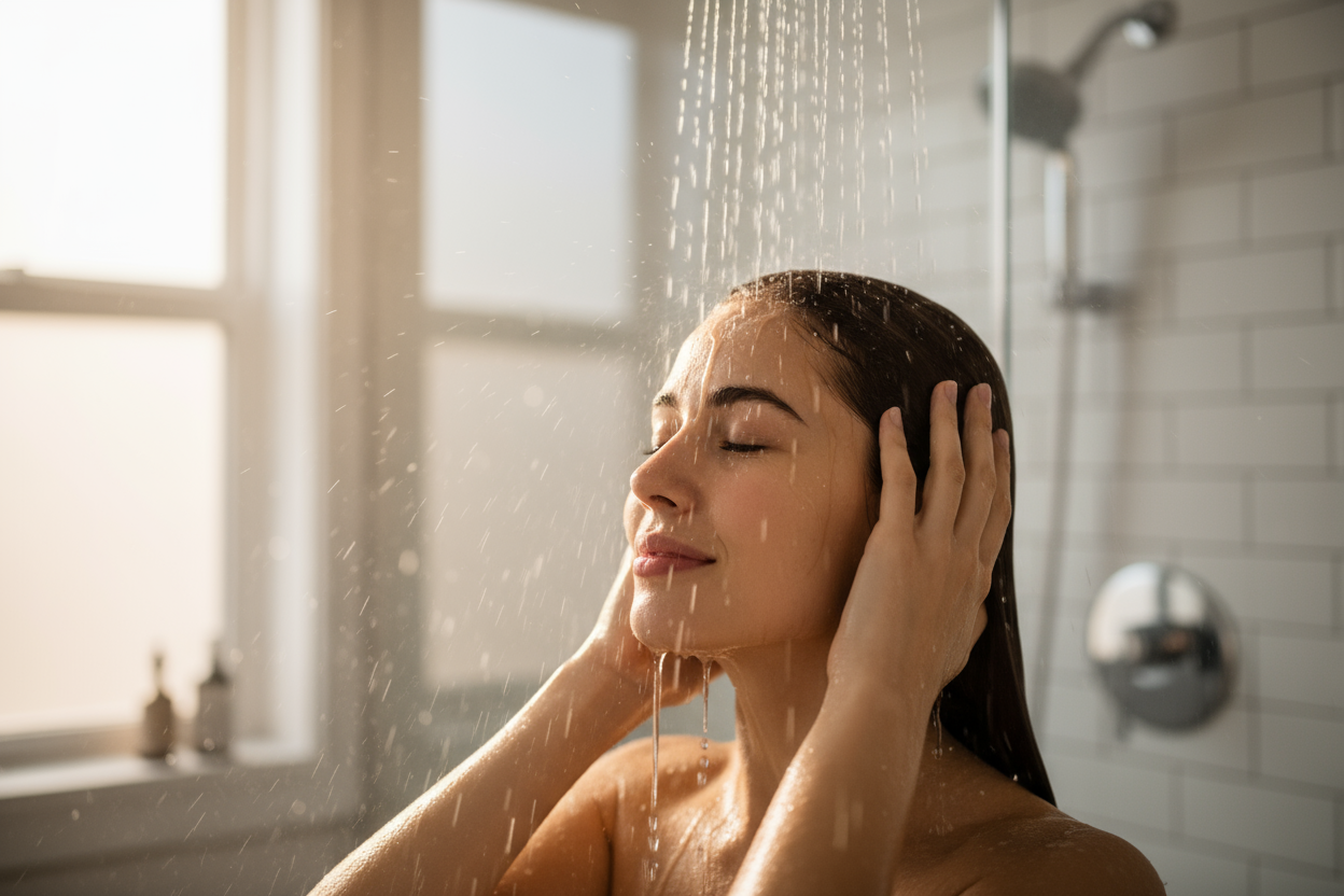 Una mujer joven duchándose, solo se muestra la cabeza y parte superior de los hombros. Se ve el agua cayendo del grifo o la ducha sobre su cabello mientras se lo lava. Tiene la cabeza ligeramente inclinada hacia atrás y una expresión relajada y contenta. Fondo desenfocado de baño moderno, con luz natural y vapor suave. Enfoque en el agua cayendo y el brillo del cabello. Estilo fotorrealista, alta calidad, iluminación cálida.